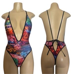 Neon Lights Deep V One-Piece Swimsuit - Multicolor